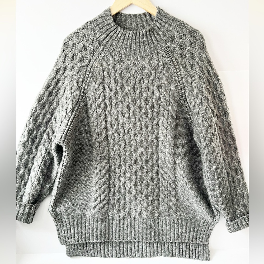 A New Day Gray Cable Knit Fisherman Sweater with Mock Neck Women's Medium Grey